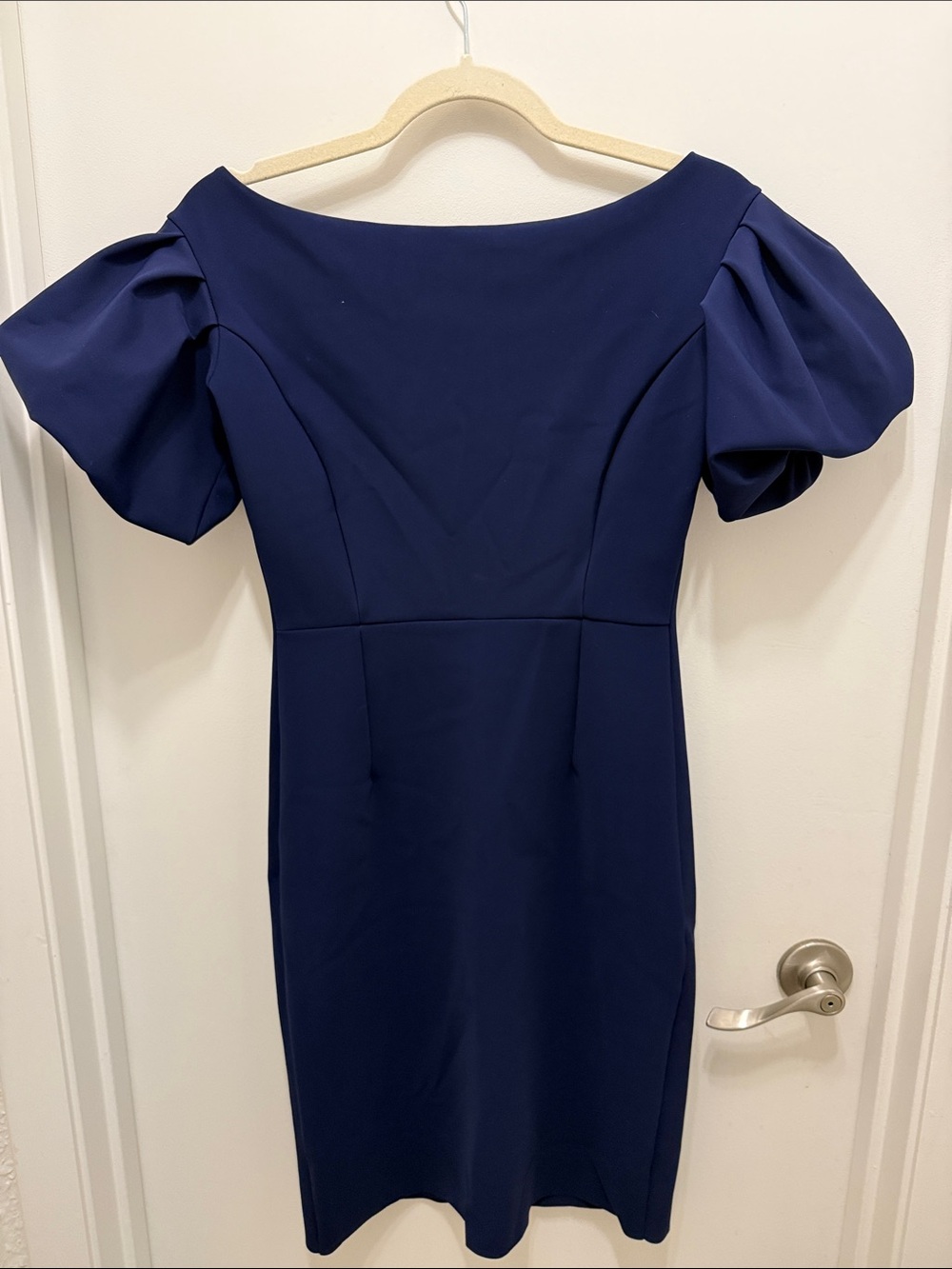 Chiara Boni La Petite Robe Navy Off Shoulder Tulip Sleeve Sheath Dress - Picture 5 of 5